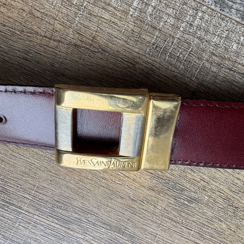 Yves Saint Laurent YSL Mens Reversible‎ Leather Belt Black Burgundy Size 46